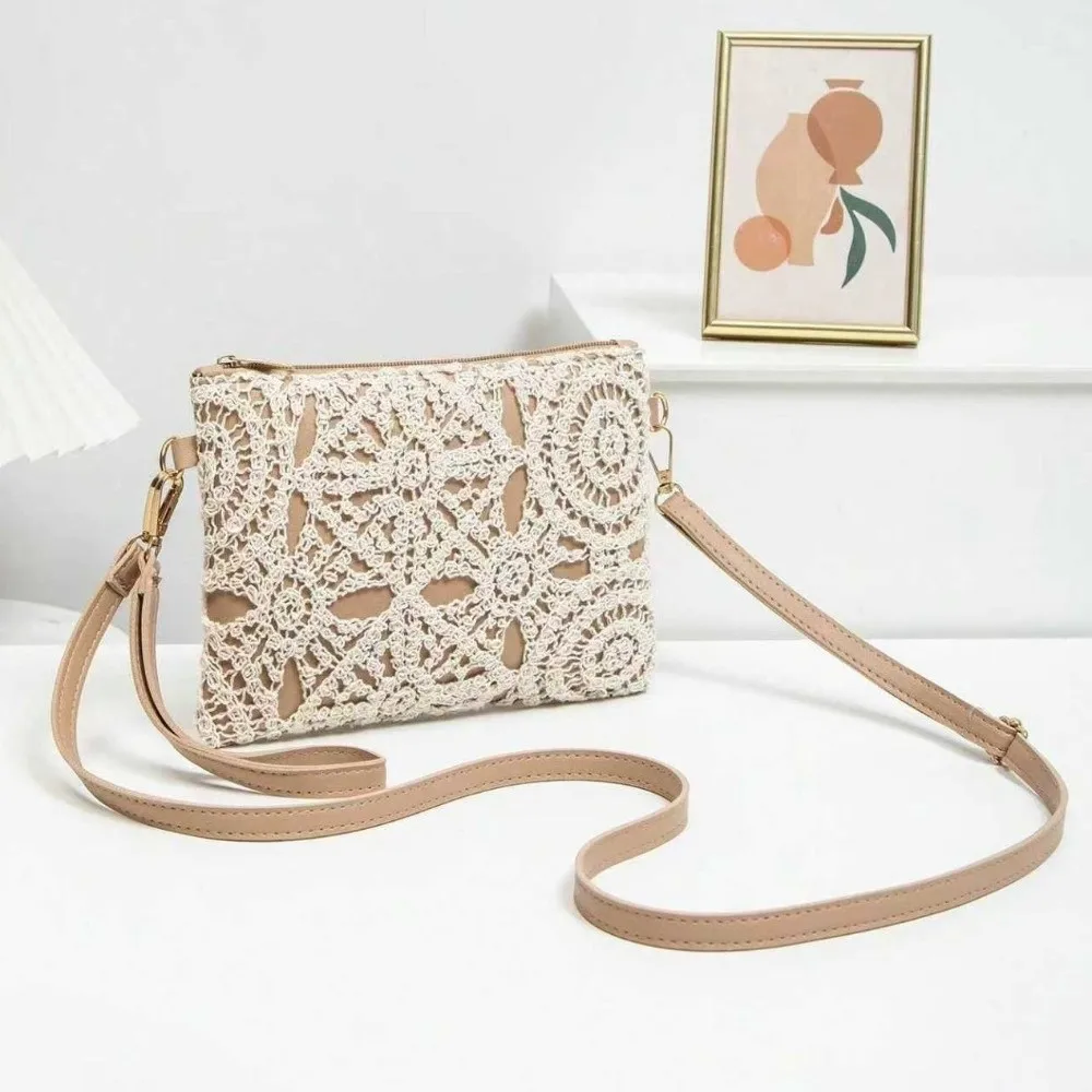 Nuova Borsa a Tracolla Rettangolare in Pelle PU Stile Bohemien con Intreccio Vuoto e Chiusura a Cerniera, Ideale per Outfit da Vacanza - immagine 4