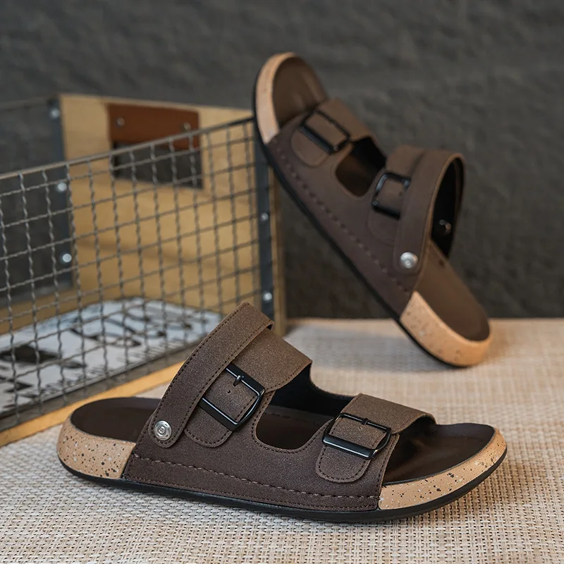 Men's Summer Casual Lightweight Anti-slip Outdoor Sandals Breathable Slip-On Driving Beach Shoes PU Leather Comfortable Footwear