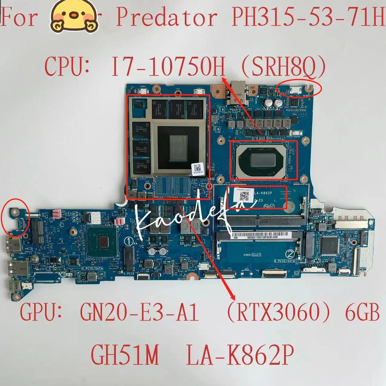 

for Acer Predator PH315-53-71HN Laptop Motherboard CPU:I7-10750H SRH8Q GPU:GN20-E3-A1 (RTX3060) 6GB GH51M LA-K862P 100% Test OK