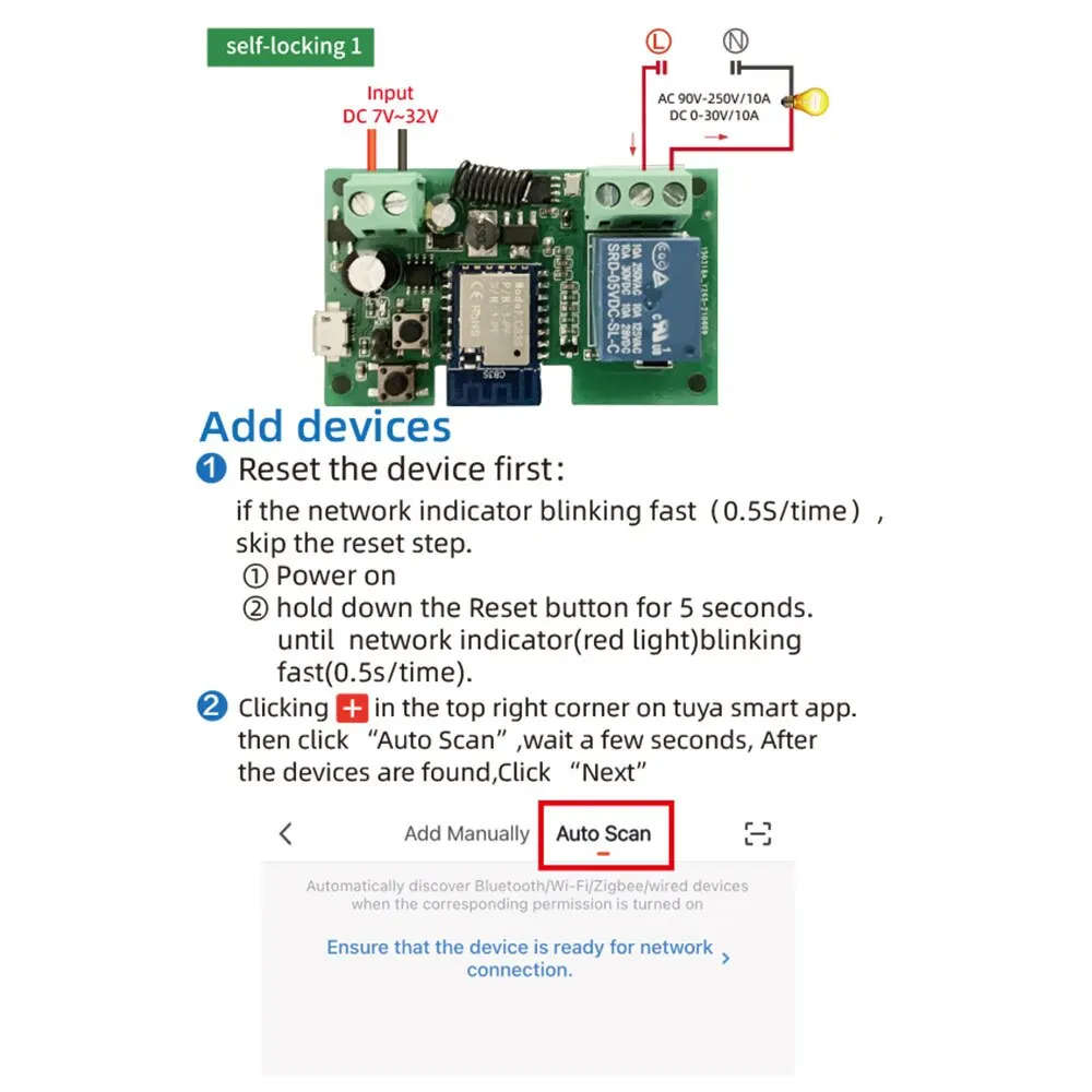 1CH Tuya Smart Remote Control Wireless Wifi Switch Module DC7-32V AC85-250V 2200W RF Receiver 10A WiFi Relay DIY Smart Switch Smart Wifi Switch Wifi Switch Wireless Switch Electronic Module