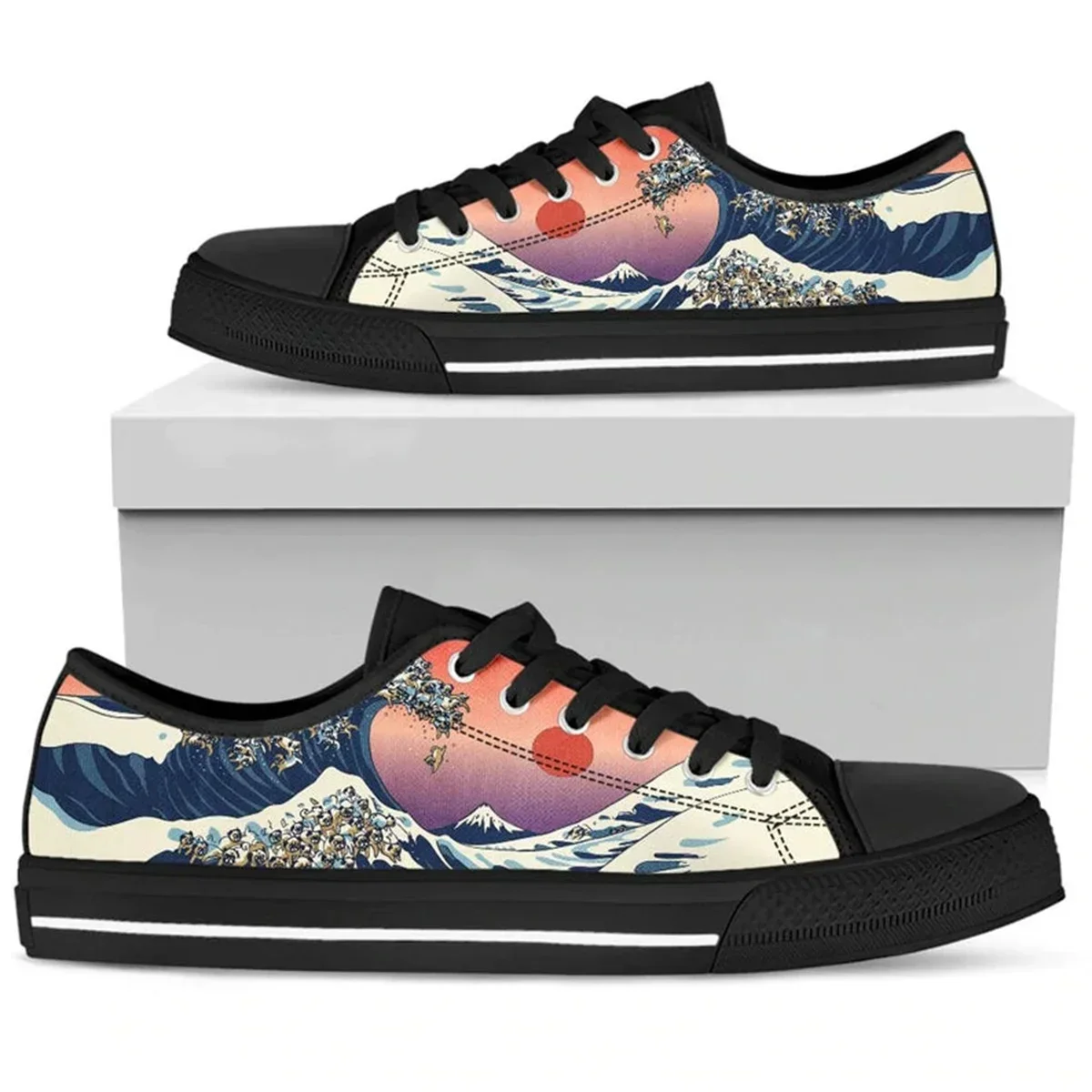 Chaussure Femme Black Canvas Shoes For Women Great Wave Sun Bulldog Prints Classic Flat Shoes Light Sneakers Big Size 46