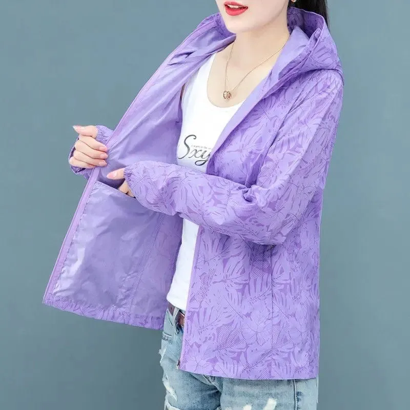 Hooded Long Sleeve Thin Windbreaker Women's Coat Jacket 2023 New Summer Loose Sunscreen Coat Female UV Resistant Outdoor Top 4XL image