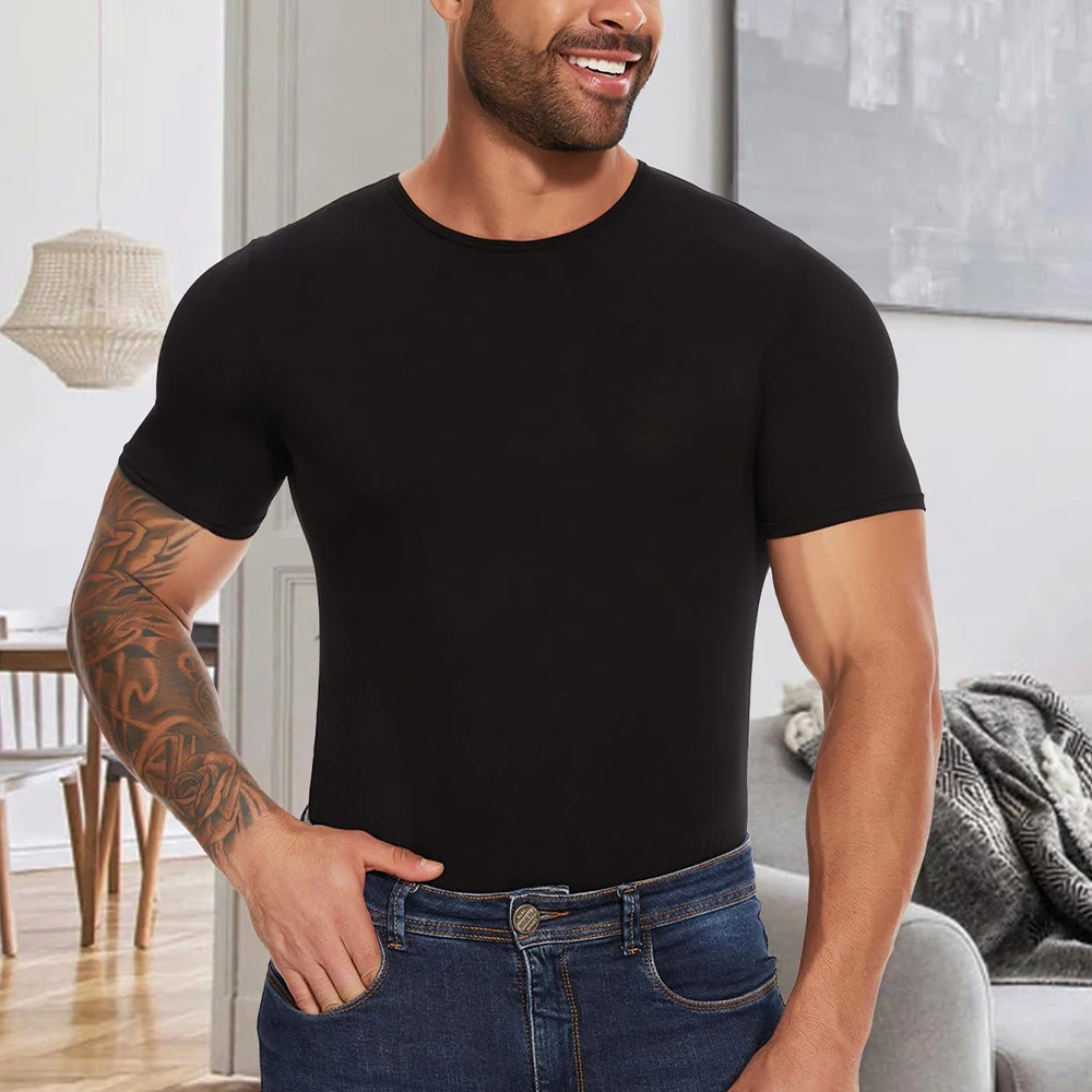 Mens Short Sleeve Bodysuit Shapewear Button Crotch Lightweight Viscose Tank Top Soft Breathable Summer Casual Romper Pajamas men underwear men undershirt short sleeve undershirt