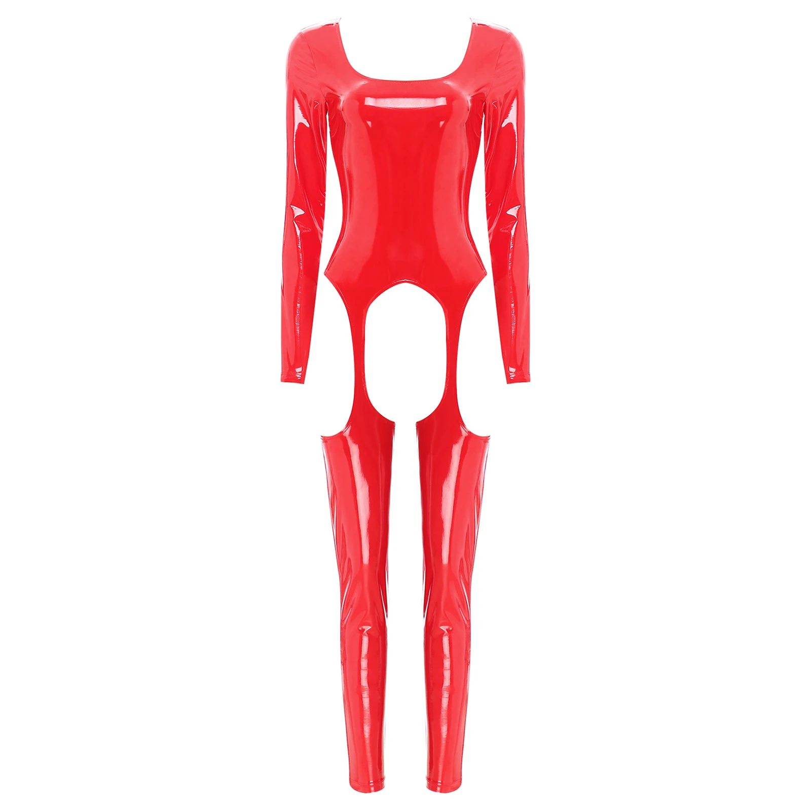 

Womens Glossy Patent Leather Lingerie Full Bodysuit Low Square Neck Long Sleeve Open Crotch Skinny Jumpsuit Overalls Clubwear