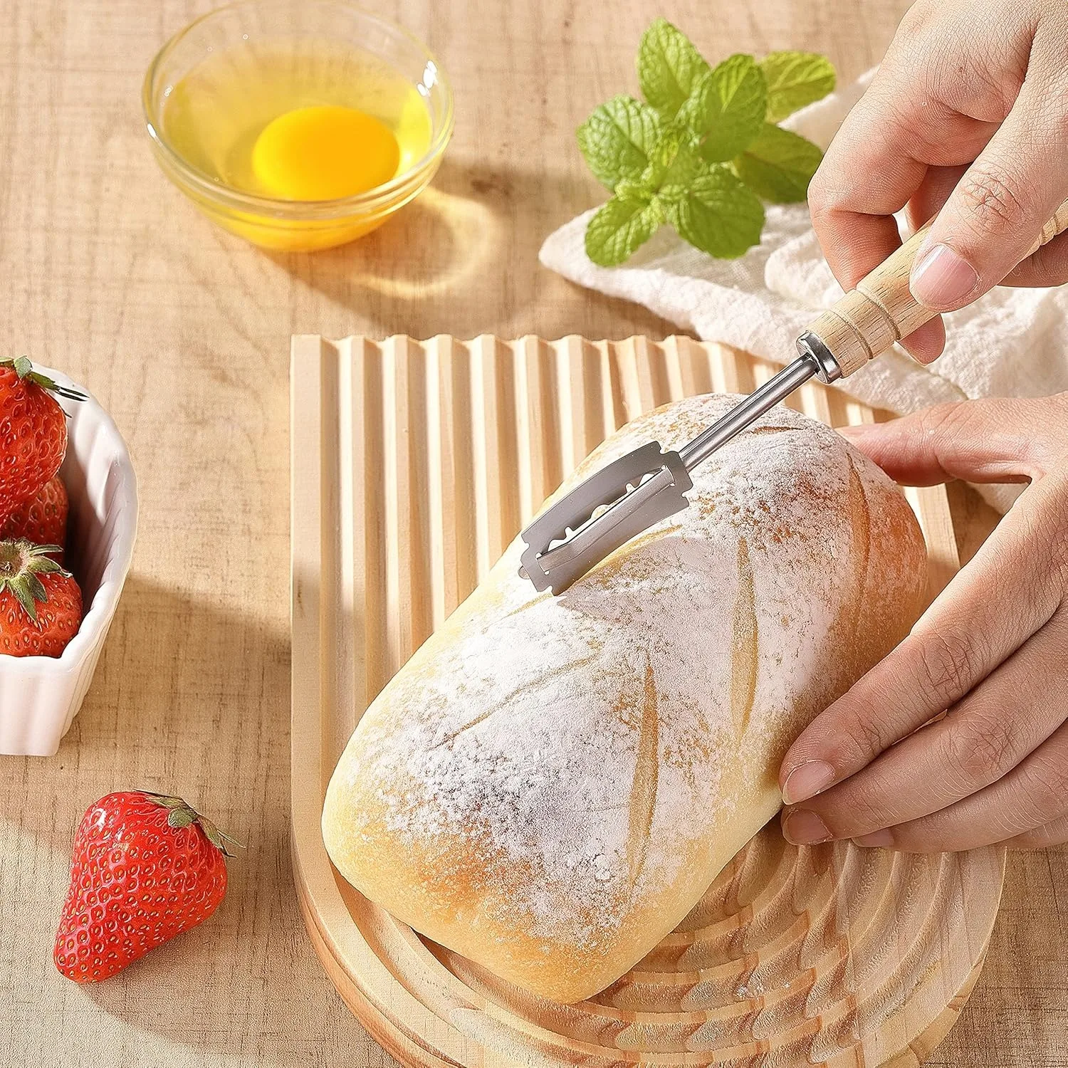 Stainless Steel Bread Lame with Wood Handle Dough Scoring Tool Bread Cutter French Bread Blades Kitchen Gadgets Baking Accessory