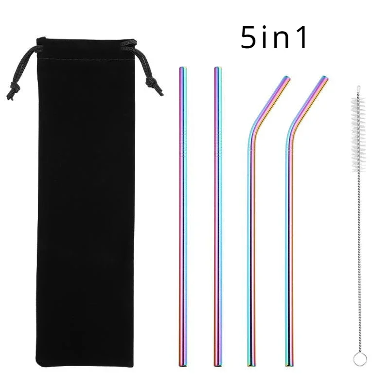 5IN1 Reusable Straw 304 Stainless Steel Straw Straight Curved Metal Birthday Party Grand Event Milk Beverage