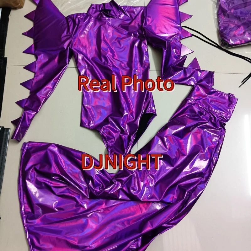 Men Women Purple Laser Exaggerated Shoulder Bodysuit Dress Nightclub Ds Dj Gogo Wear Pole Dance Outfit Drag Queen Costume XS4474