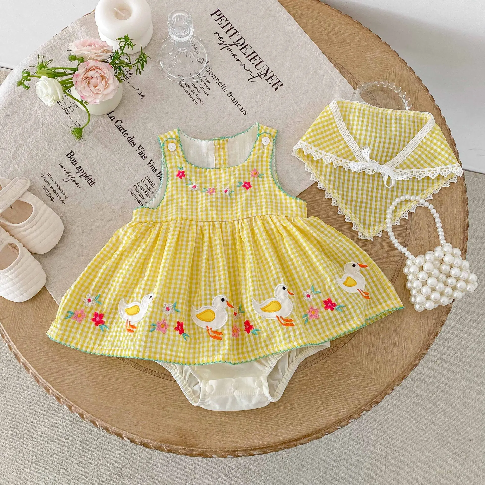 Cotton Baby Girl Summer Onesie with Yellow Plaid and Duck Patterns