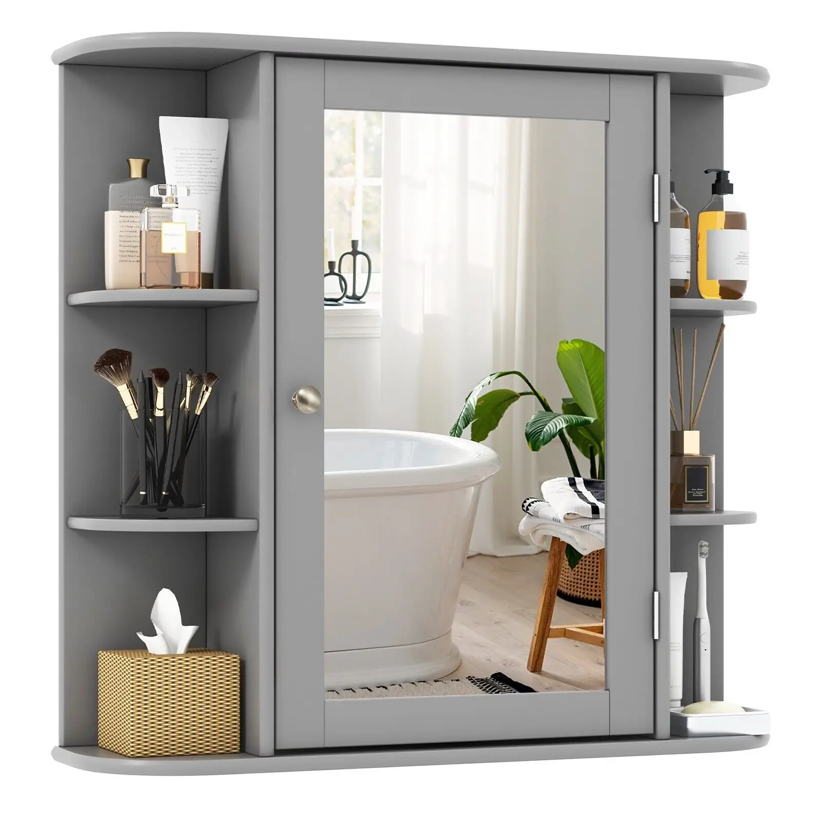 GOFLAME 3 Tier Mirrored Bathroom Cabinet Wall Mount Storage Cupboard W/ Display Shelves