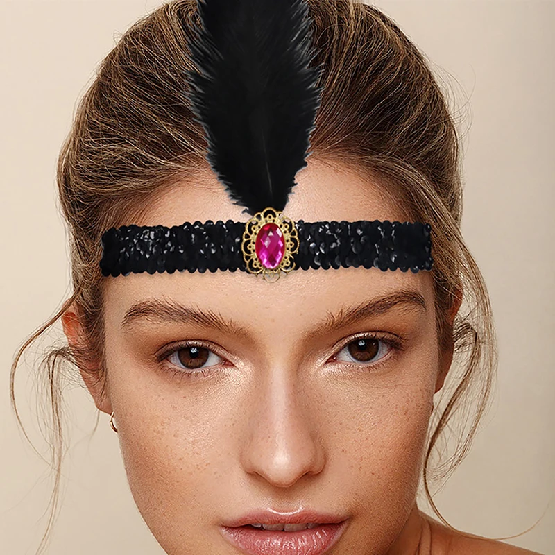 Halloween Feder Haarband brillante Pailletten Strauß Feder Haar Zubehör Haar Reifen Cosplay indische Feder Kopf bedeckung Stirnband – Detail 3