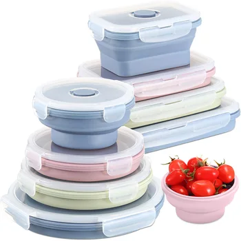 Récipients de stockage alimentaire pliables Bols pliables en silicone avec couvercles Récipients rectangulaires ronds empilables pour le déjeuner au four à micro-ondes 1