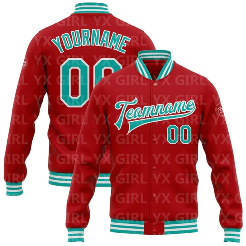 Custom Red Aqua-White Bomber Full-Snap Varsity Letterman Jacket 3D Printed Baseball Button Jacket