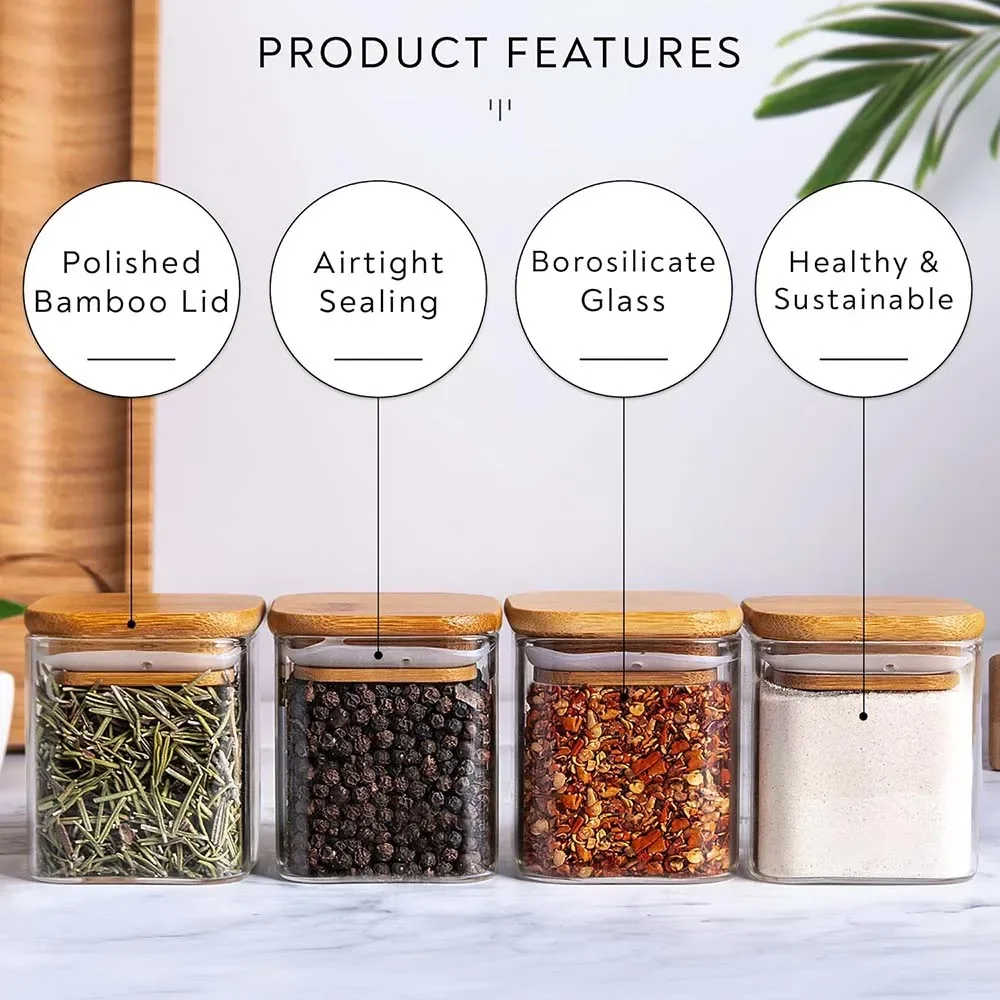 5oz Glass Jars Set with Spice Labels,Square Spice Jars with Bamboo Lids/Sticker Labels, Food Storage Container Canisters 3