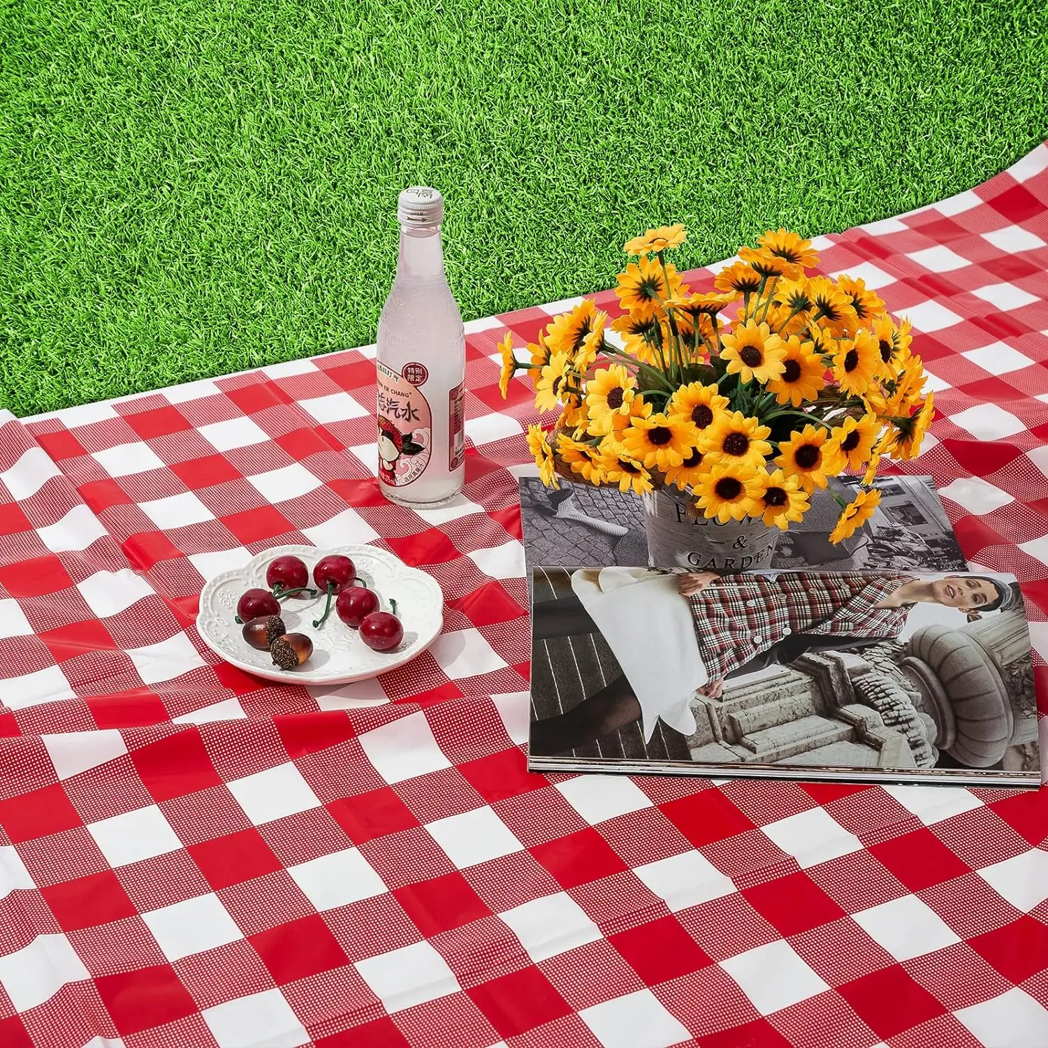 Red White Gingham Rectangular Tablecloth Disposable Plastic Table Cover with Stamping for Picnic Barbecue Kitchen Holiday Party 5