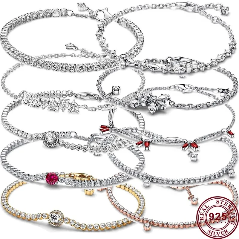 New Hot 925 Silver Sparkling And Red Tennis Original Women's Love Heart Logo Flower Bracelet Wedding DIY Fashion Charm Jewelry