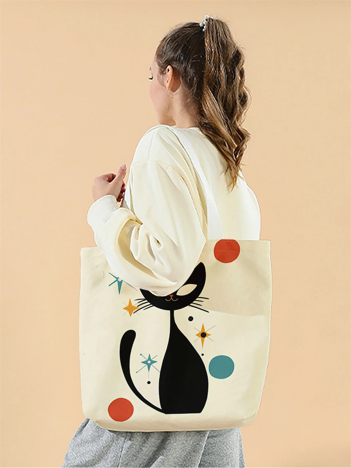 1pc,cartoon black cat handbag, reusable fashionable handbag, multifunctional handbag, printed canvas shopping bag