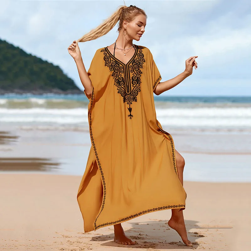 

Fashion Printing Long Sleeve Side Turmeric artificial cotton embroidered beach smock loose robe holiday dress beach bikini smock