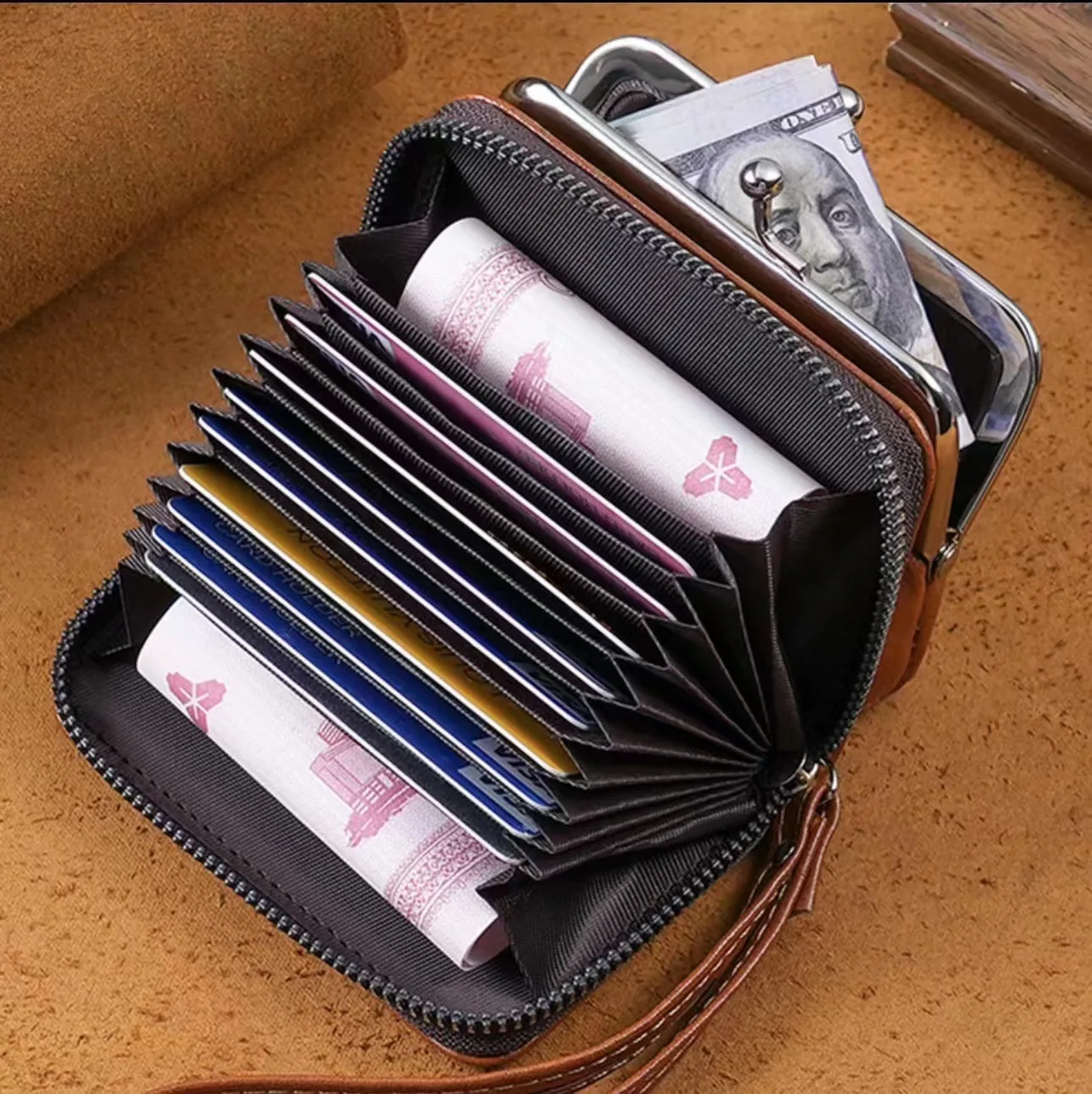 Women Card Holder Wallet Clutch Bag with Lanyard Leather Zipper Multi Card Slot Coin Purse