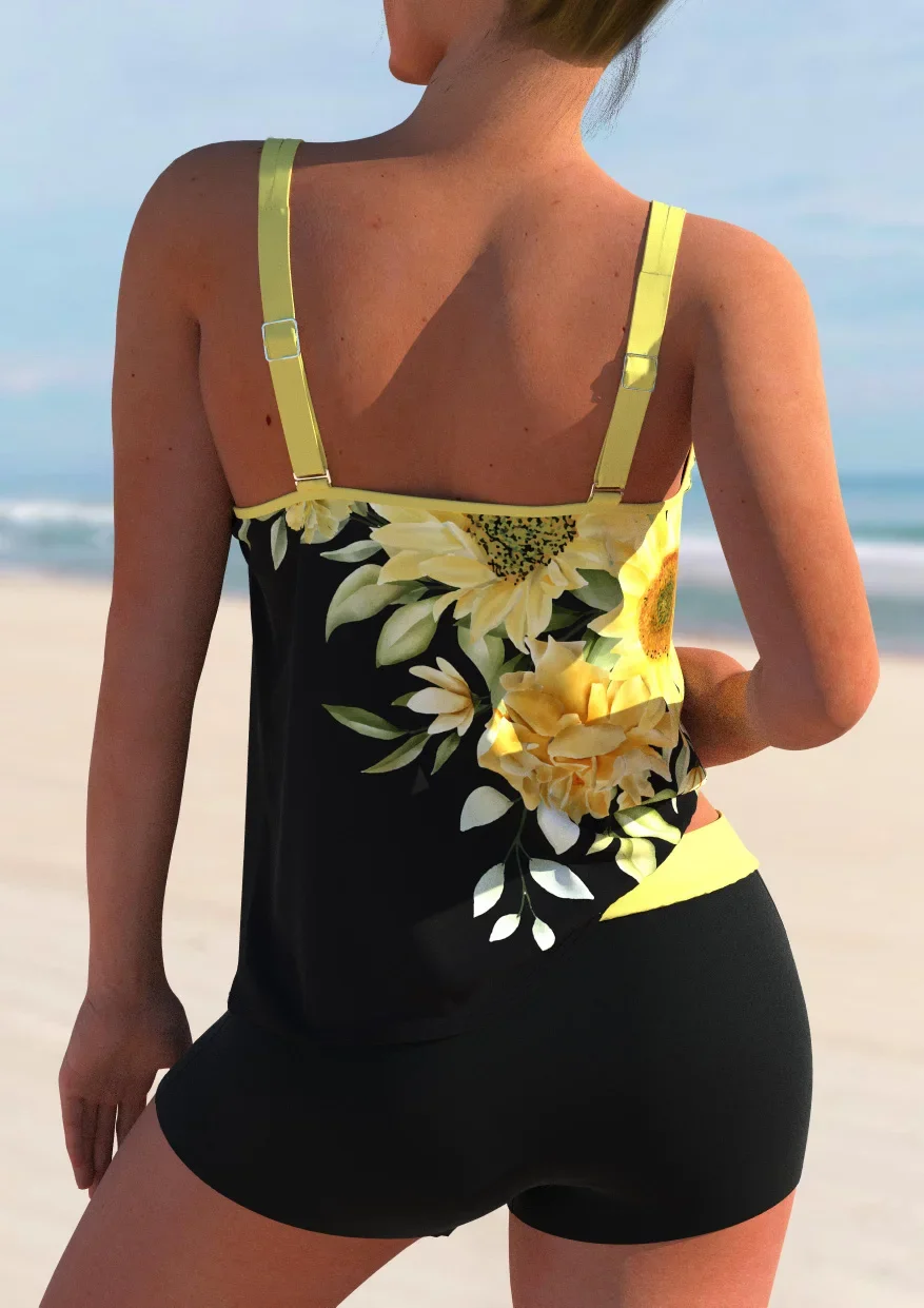 New Summer Women's Swimsuits Beach Resort Style Sunflower Print Top Shorts Swimsuit Two-piece Set S-6XL