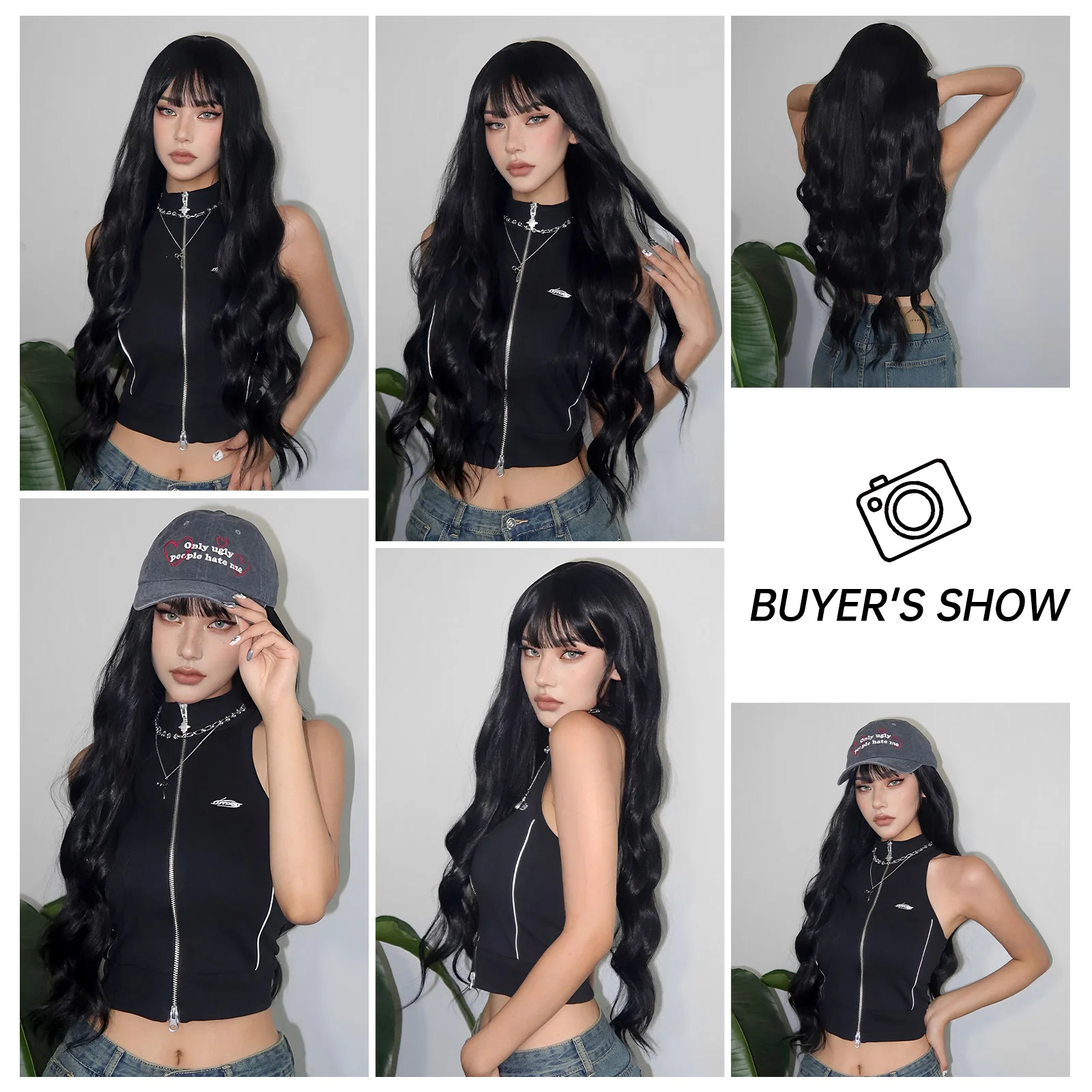 LOUIS FERRE Long Water Wavy Black Synthetic Wigs for Women Natural Fake Hair With Bangs Heat Resistant Daily Use Cosplay Wigs