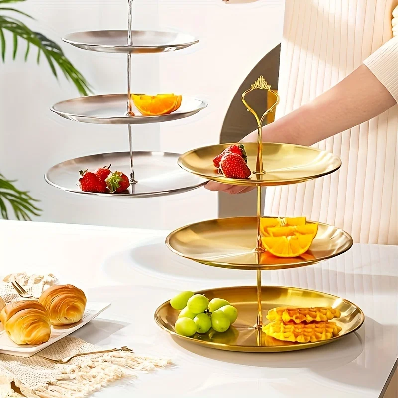 Dining Dish 1Pc Three-layer Stainless Steel Cake Tray Snack Plate Birthday Wedding Party Dessert Stand Table Display