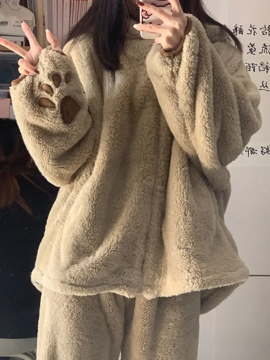 Autumn Winter Cute Bear Ears Coral Fleece Hooded  Loungewear Women Sweet Kawaii Warm Homewear Girls Lounge Sleepwear 2PC Set