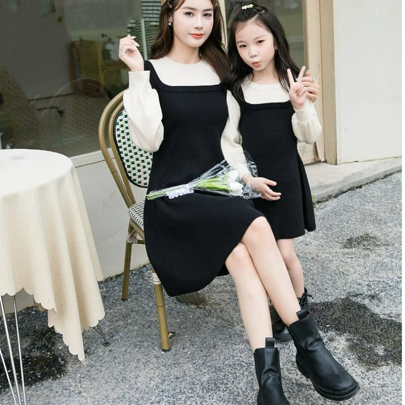 

Mother and Daughter Autumn One Piece Dress Mom and Baby Girls Matching Same Knitting Dresses for Women Long Sleeve Clothing