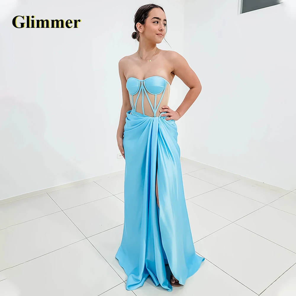 

Glimmer Simple Sweetheart Evening Dresses Mermaid Satin Slit Sleeveless Corset Backless Sweep Train Robes De Soiree Custom Made