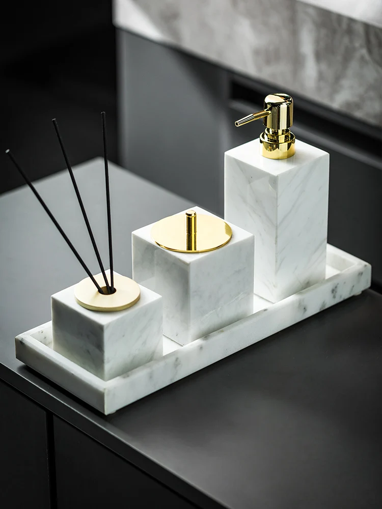 Volakos White Natural Marble Bathroom Accessories Set Luxury Soap Dispenser Tissue Box Toothbrush Holder Tray Bathroom Set