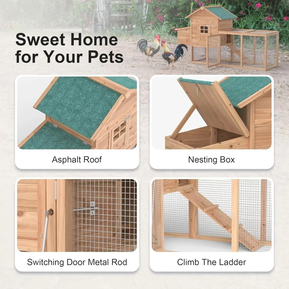 Outdoor Chicken Coop for 2-4 Chickens Wooden Hen House Poultry Pet Hutch Run Cage with Waterproof Asphalt Roof, Wire Fence (80") 2