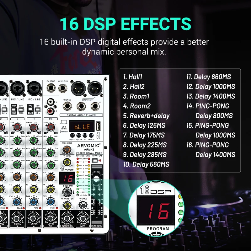 USB 오디오 인터페이스가 있는 ARVOMIC DJ 믹서, 6 채널 오디오 믹서, 블루투스 기능, 16 DSP 효과, 3 밴드 EQ (ARMX-6)