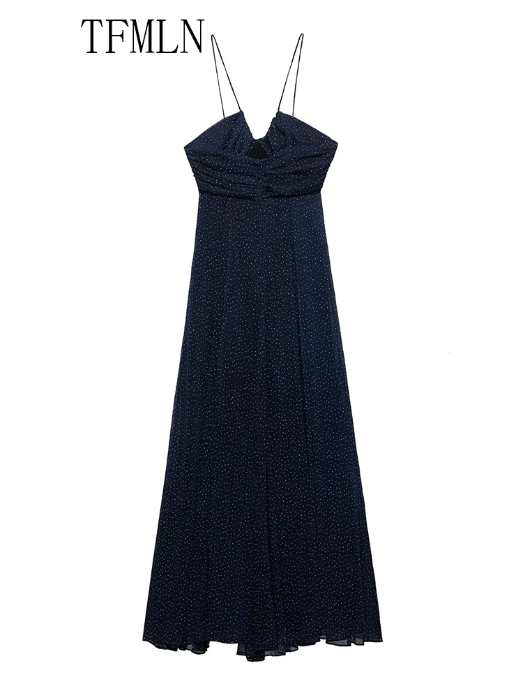 TFMLN Elegant Women Dot Printed Halter Long Dress 2025 Summer Causal Sexy Sleeveless Backless A-Line Beach Party Dress