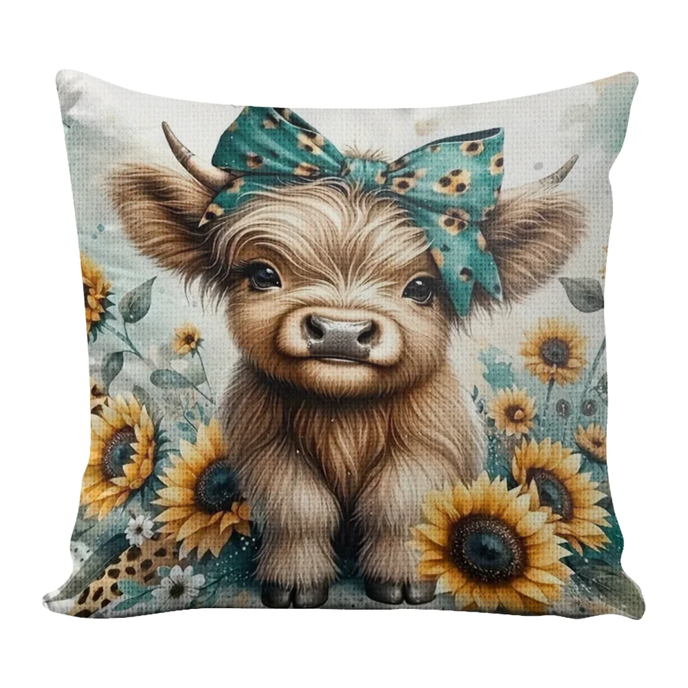 11CT Cotton Sunflower Highland Cow Cushion Cross Stitch Creations 45x45cm Handicraft Embroidery Pillowcase for Adults Beginners
