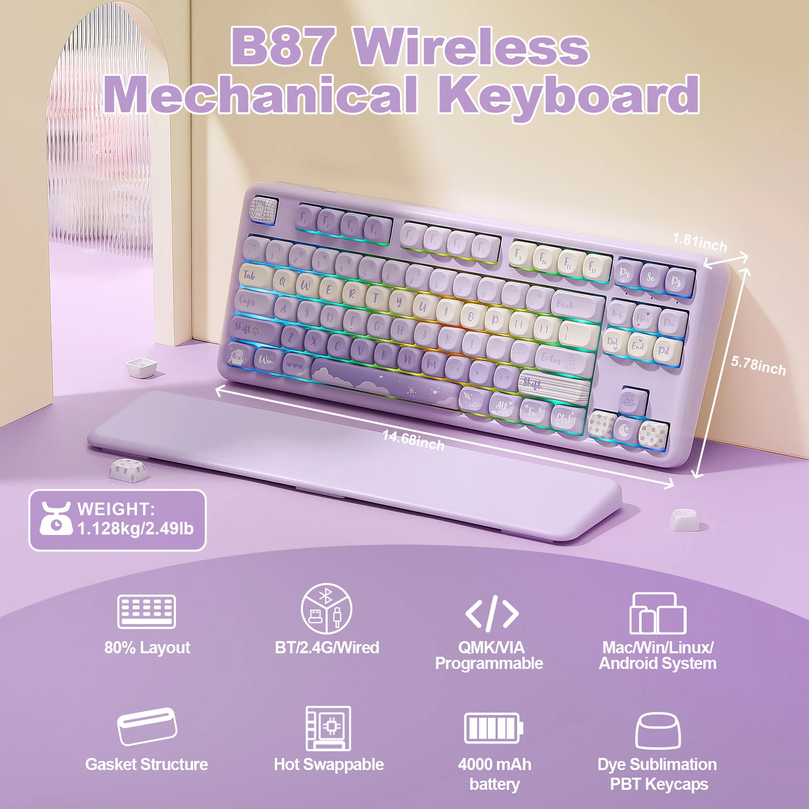 メカニカルゲーミングキーボードYUNZII-B87パープル,ワイヤレス