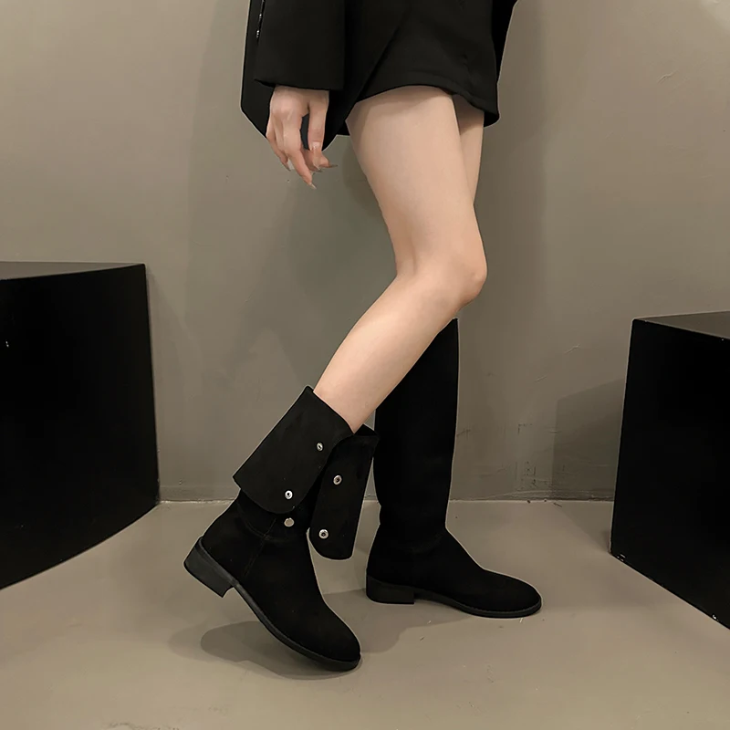 Aphixta Suede Upper Button Dec Women Ankle Boots Knee Boots Women Black Shoes Fashion Round Toe Modern Ankle Boots for Women