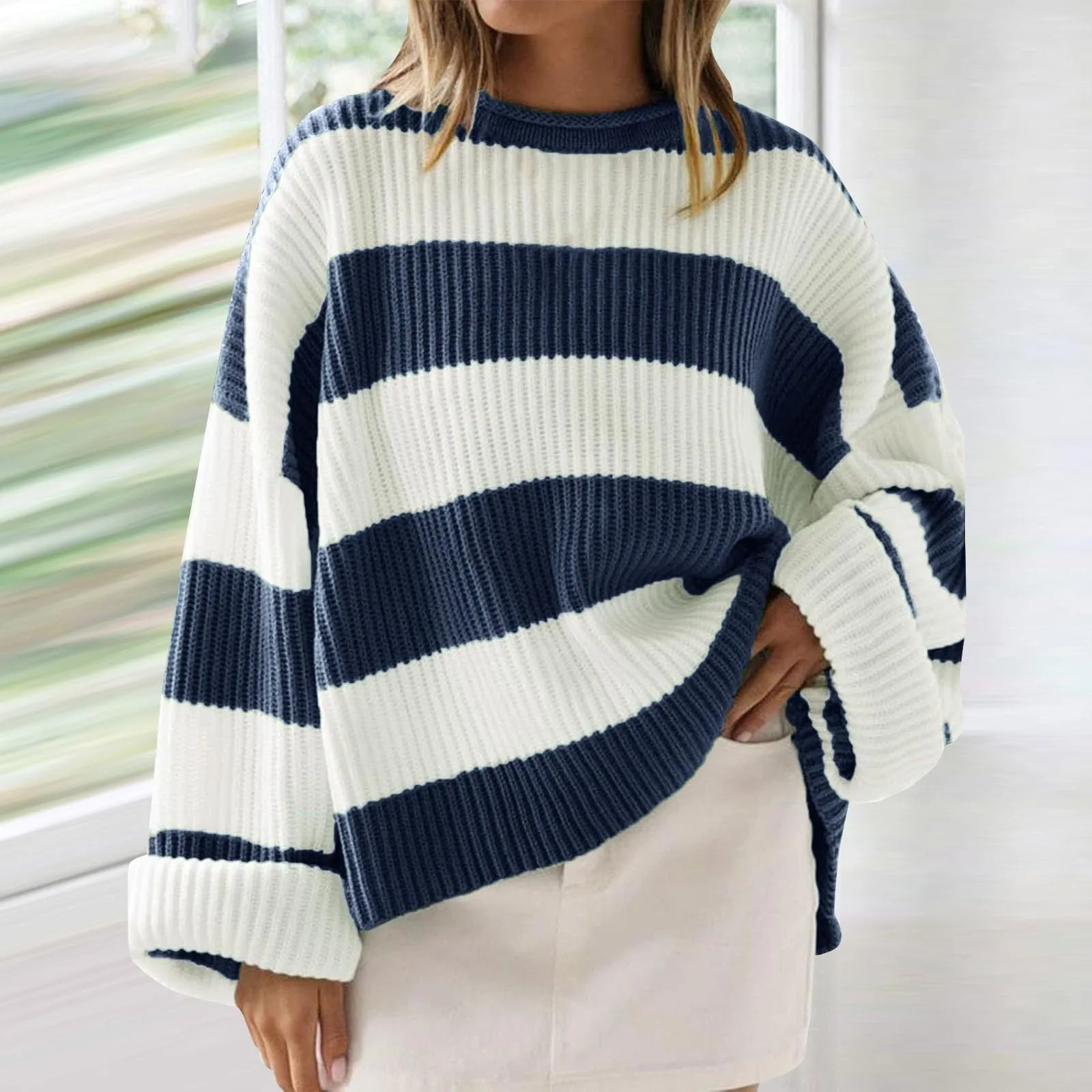 Oversized Orange White Color Block Women Sweater