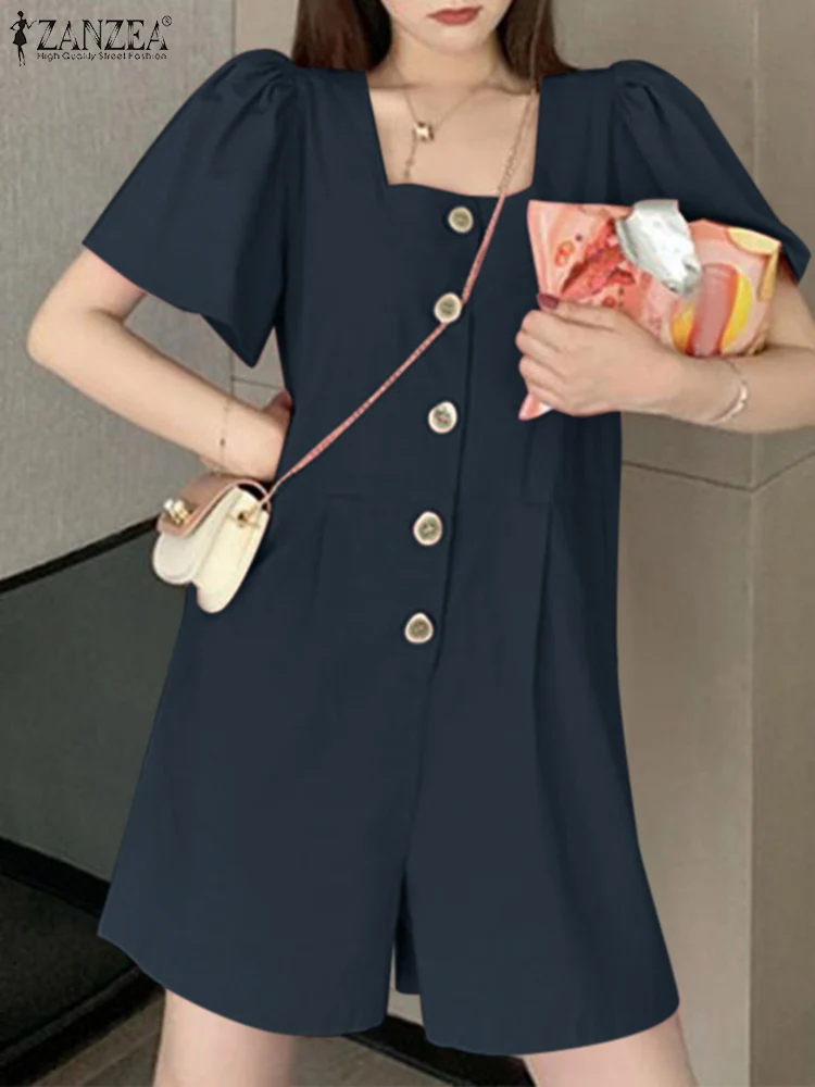 

ZANZEA Korean Fashion Summer Women Rompers Elegant Square Neck Loose Overalls Work Playsuits Casual Short Sleeve Solid Jumpsuits