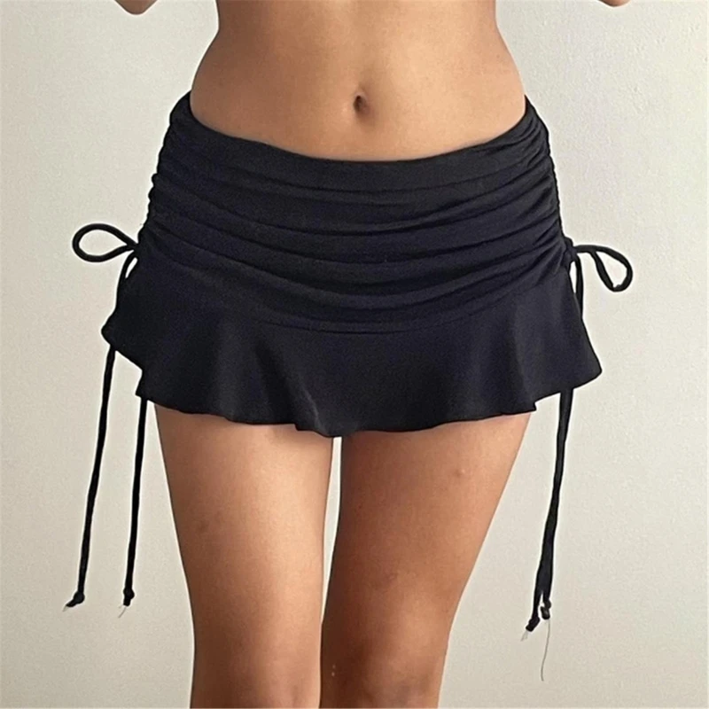 

Solid Color Ruched Drawstrings Short Skirt for Women Low Waist Ruffle Hem Skirts 066C