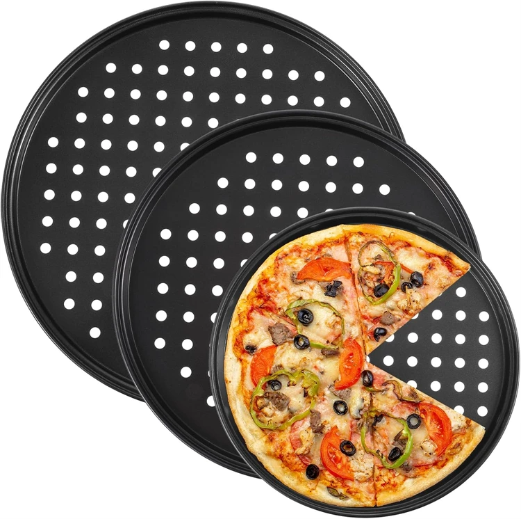 Non-stick perforated carbon steel pizza pan for crispy crusts.