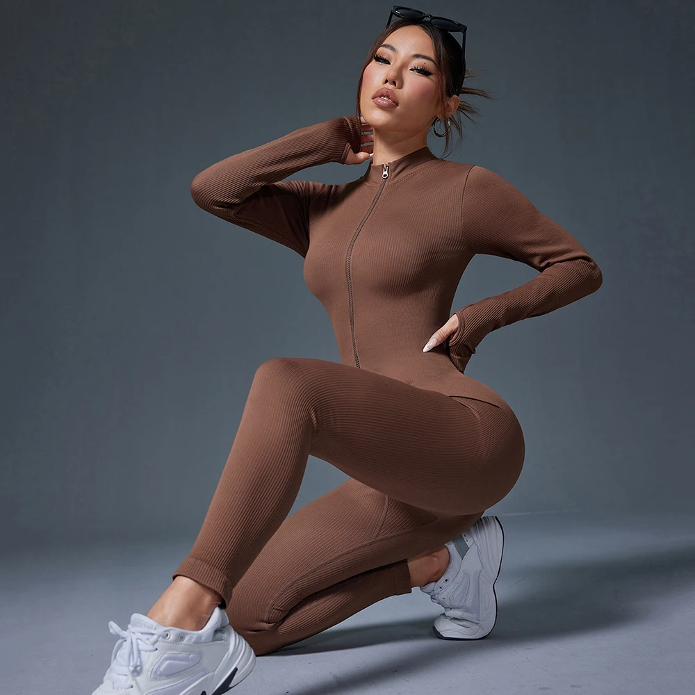 Half Zip Jumpsuit Women Gym Bodysuit Long Sleeve Activewear Set Running Workout Romper Fitness Overalls Sportswear Yoga Clothes - Image 2