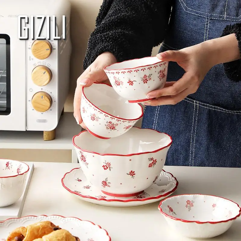 French Ceramic Kitchen Dishes Food Plates Sets Flowers Dinnerware Household Salad Bowl Plate Household Plates Dinner Sets