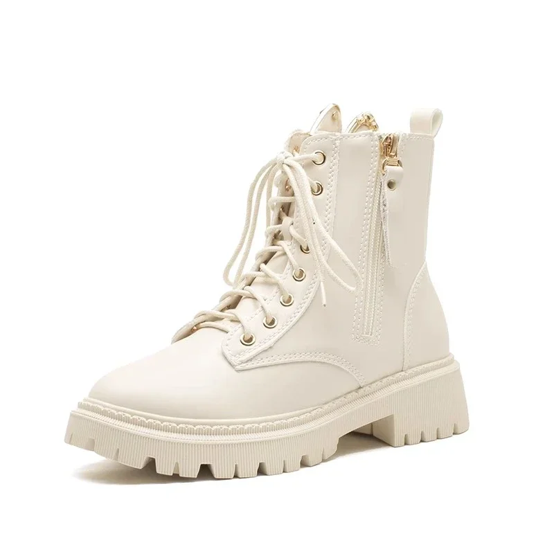 2023 Trend Women's Pu Leather Ankle Boots Autumn Winter Round Toe Lace Up Shoes Woman Classic Fashion Motorcycle Platform Botas