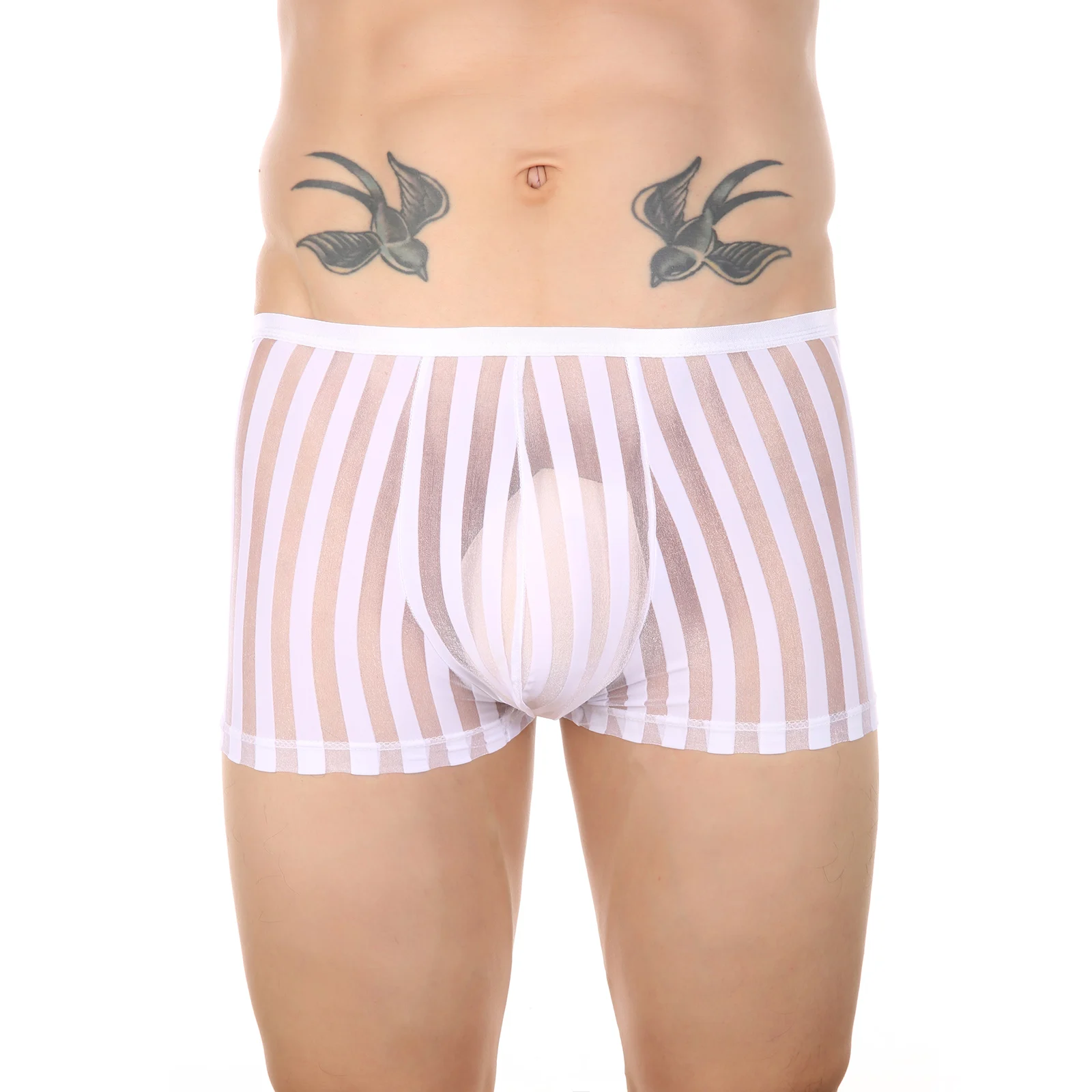 CLEVER-MENMODE Mesh Boxers Men Underwear Sexy Panties Transparent Underpants Trunks Low Rise Knickers Shorts Striped Quick Dry