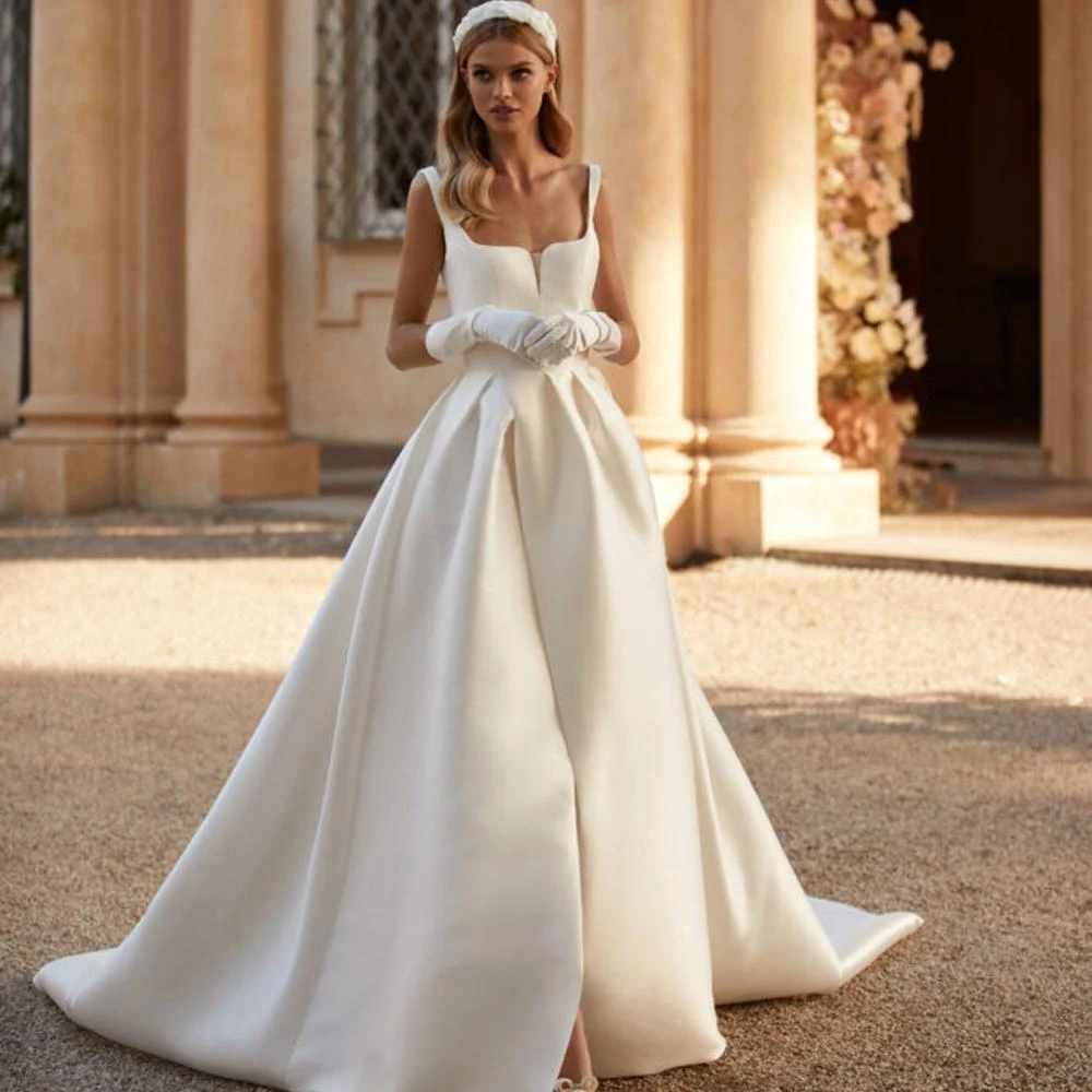 Elegant A-Line Halter Wedding Dress 2024 Princess Satin Square Collar Ivory White Button Sweep Train Long Wedding Bridal Gown elegant chiffon a line wedding dress 2021 scoop neck lace long sleeveless white ivory sweep train bridal gowns