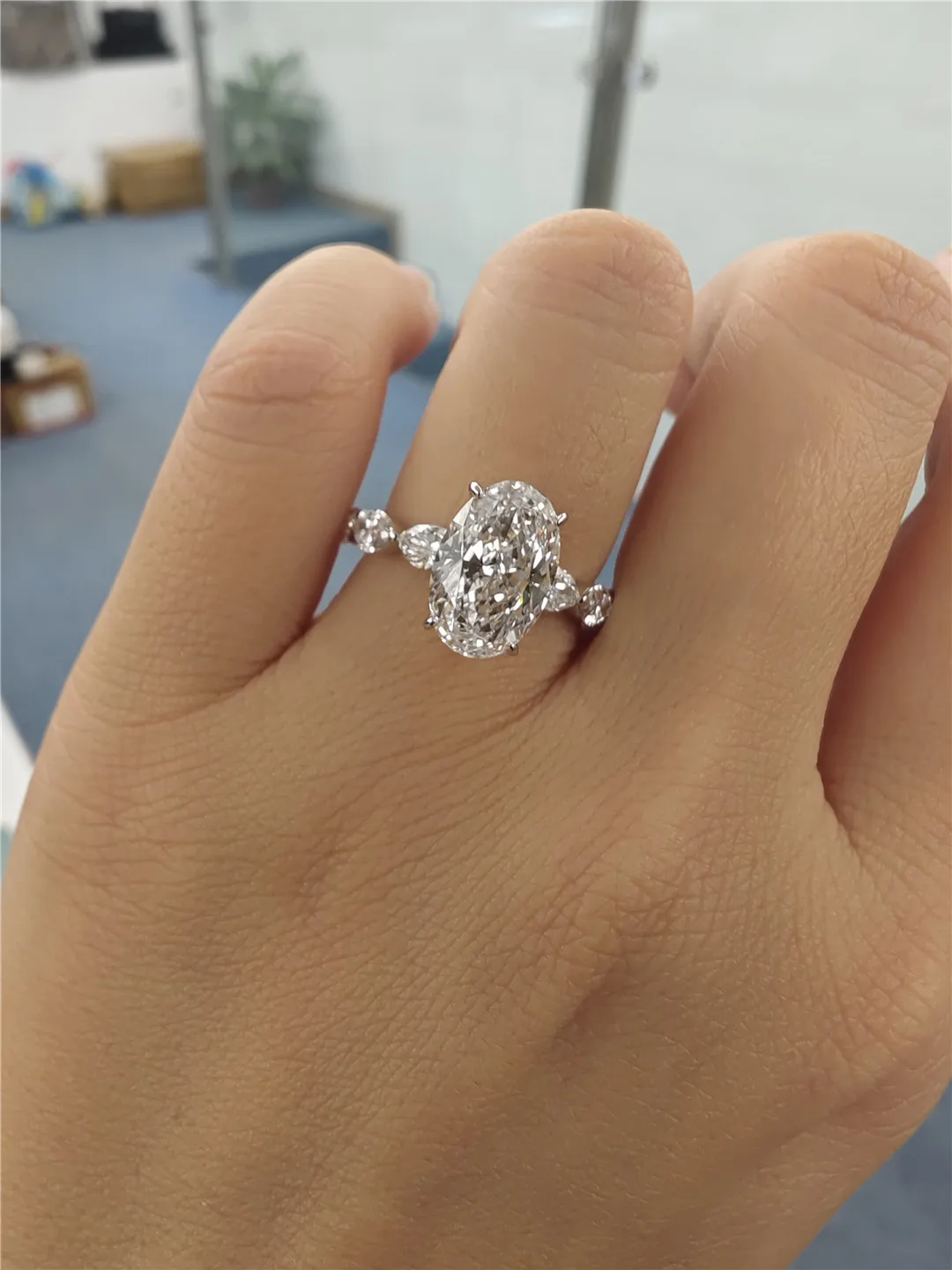 18K Solid Gold Lab-Grown DiamondOval 4CT E VVS2 Engagement Ring Accented with Marquise Diamonds, Custom Platinum Engagement Rin 5