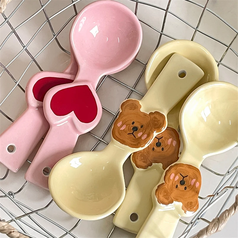 

Cute Cartoon Bear Ceramic Spoon High Temperature Resistant Household Colorful Ins Soup Spoon Round Head Dessert Coffee Spoon
