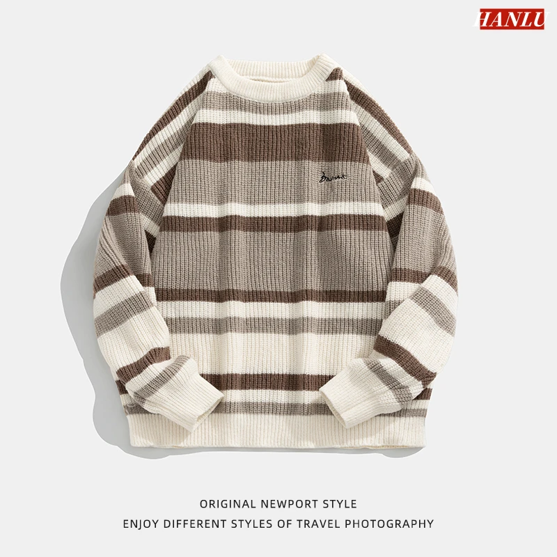 Autumn Winter Men Sweaters Stripe Embroidery Knitting Pullover Korean Fashion Streetwear Men's Clothing 2022 NEW Sweater Male