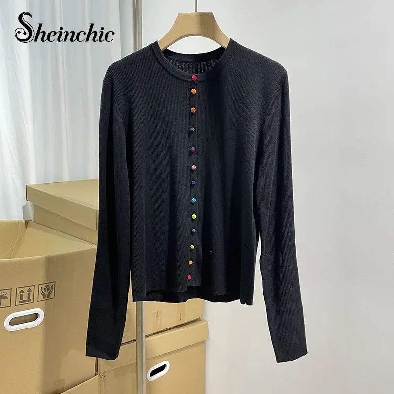 

Luxury Cashmere Sweater Women Runway Designer Elegant Rainbow Buttons Black Knitted Cardigans Para Mujer O-neck Long Sleeve Top