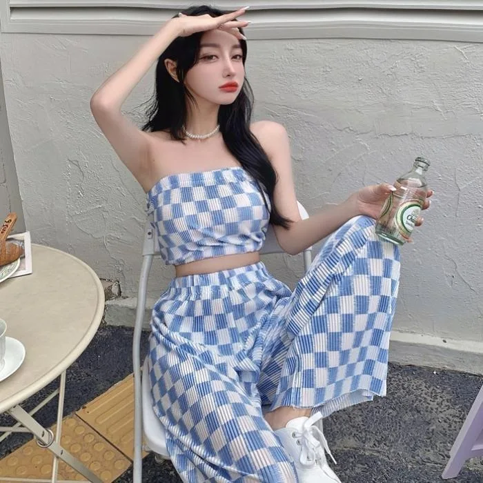 2024 Summer New Spicy Girl Short Sexy Bra Open Waist Tank Top with Checkered Pleats Comfortable Casual Women's Wide Leg Pants