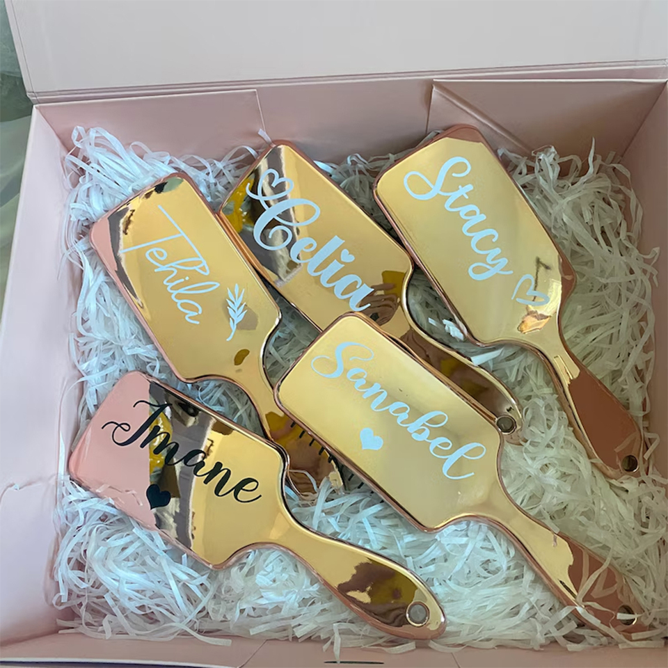 Personalized Bride Hair Brush Customed Rose Gold Airbag Mirror Finish Perfect Gift for Girls Bridesmaids Party Bridal Shower